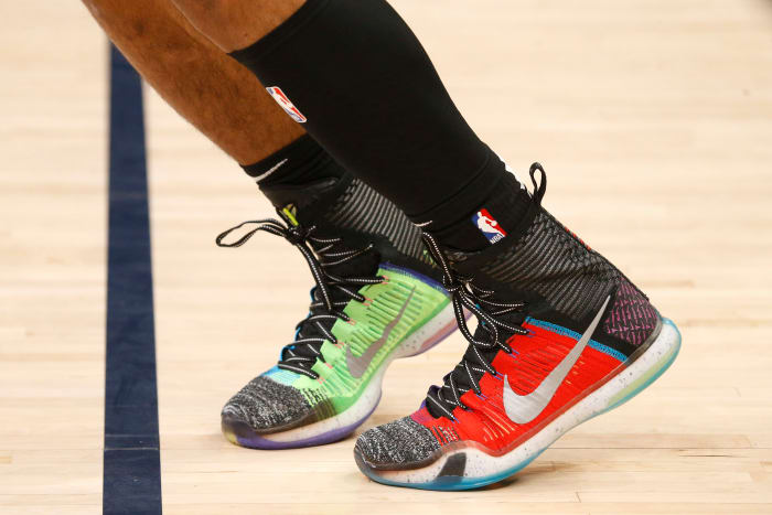 View of multi-color Nike Kobe shoes.